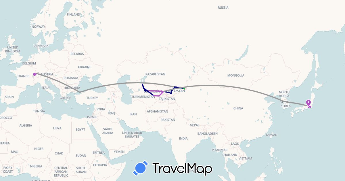 TravelMap itinerary: driving, bus, plane, train, hiking in Switzerland, Japan, Kyrgyzstan, South Korea, Turkey, Uzbekistan (Asia, Europe)